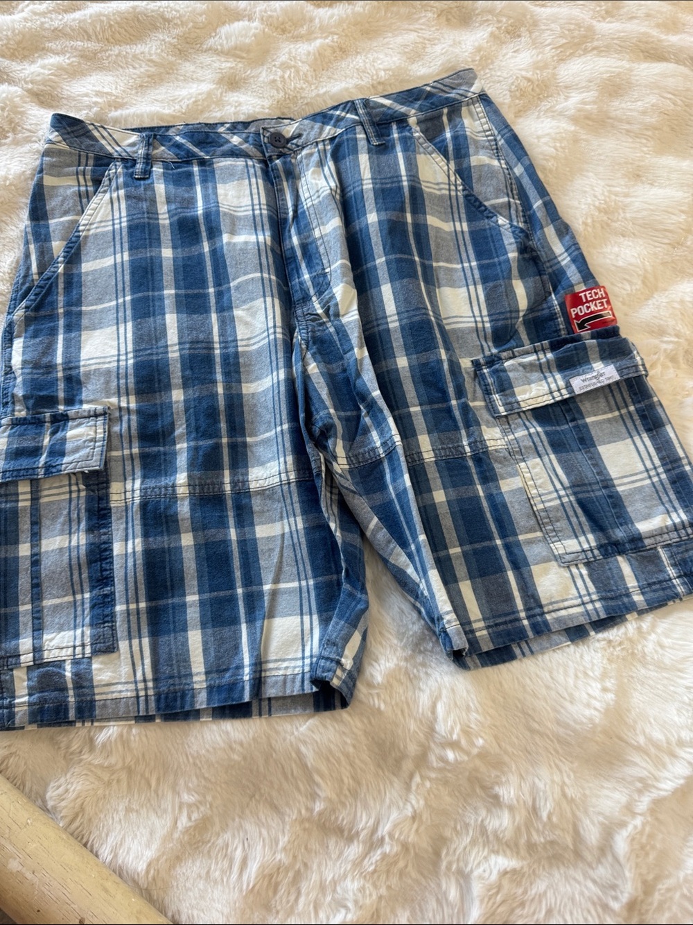 Wrangler Blue and White Plaid Cargo Shorts with Tech Pocket